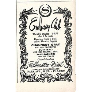 Embassy Club Chauncey Gray Orchestra Quintero Sarkozi 1950s Vintage Print Ad 9in